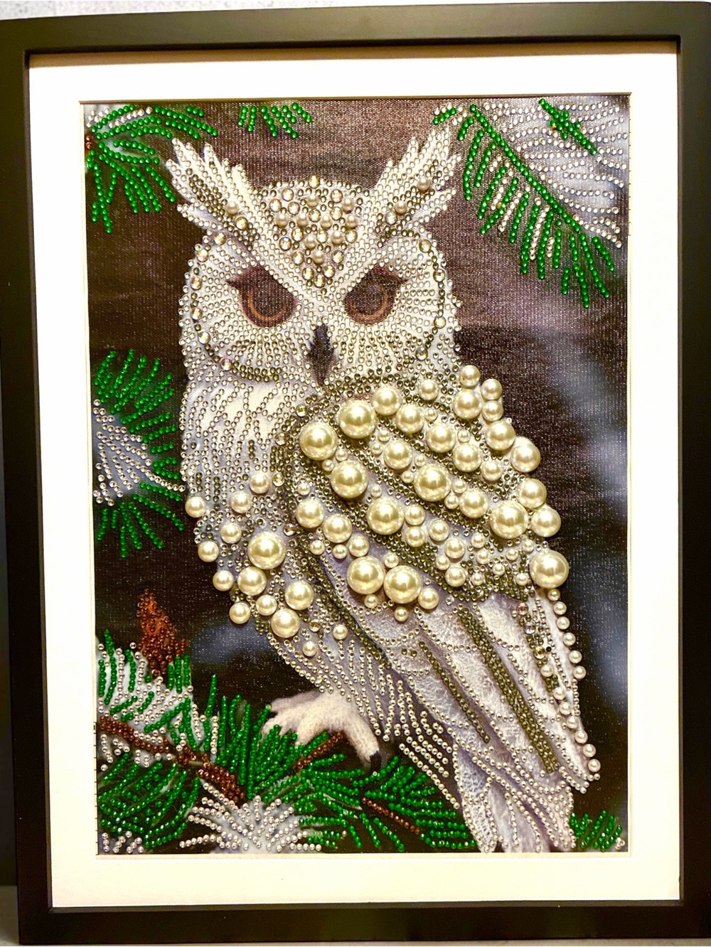 HandCrafted "Pearl Wisdom" –3D Textured Snowy Owl Diamond & Pearl Mosaic Art
